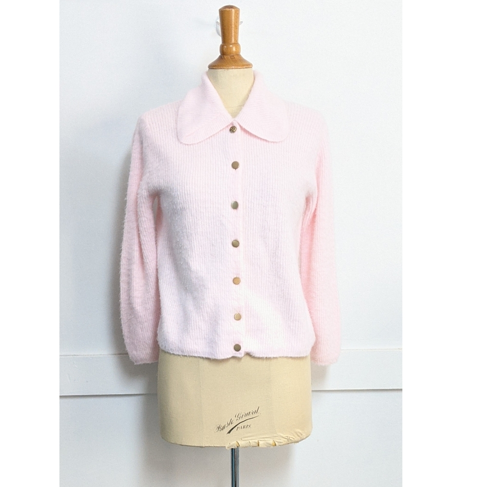 Vintage 1950s Pink Angora Blend Cardigan Small